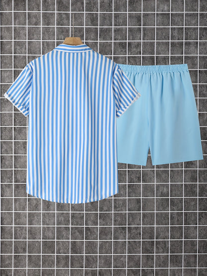 2pcs Men'S Casual Summer Outfit Set, Striped Short Sleeve Button Up Lapel Shirt Top & Solid Drawstring Shorts With Pockets For Casual Daily Wear And Holiday Resorts