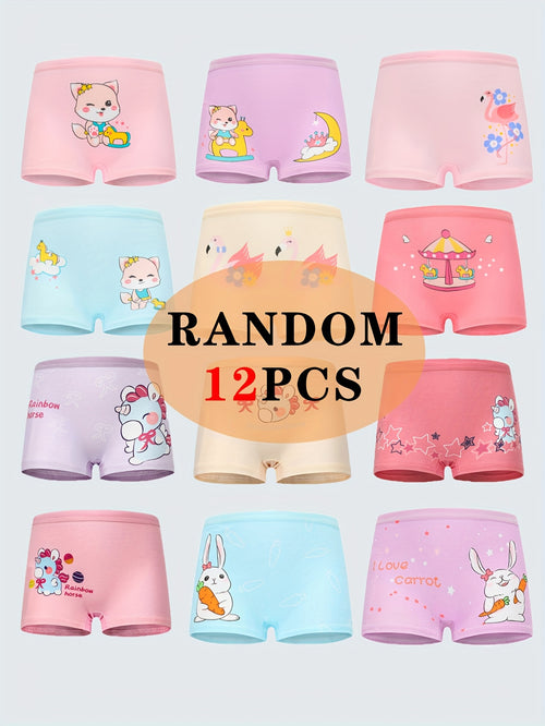 Random 12pcs Girls' Underwear Soft Comfortable Breathable Girls' Boxer Underwear Cute Cartoon Patterns Girls' Underwear