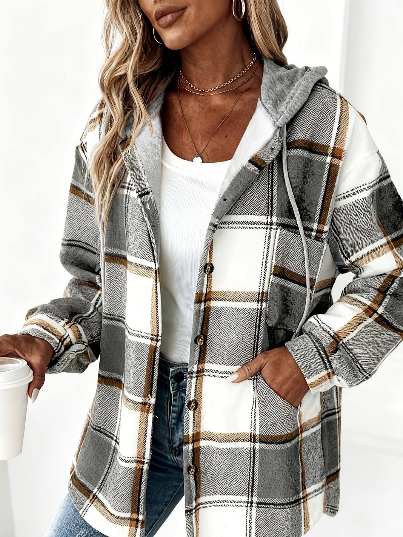 Women's Black and White Checkered Hooded Shirt Jacket, a Popular Warm Outfit for Autumn and Winter. Perfect for Casual and Layered Looks, Autumn/winter Women's Clothing | Women's Apparel, Local Warehouse Discount