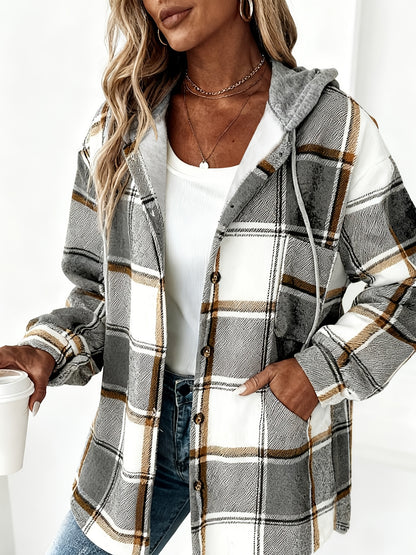 Women's Black and White Checkered Hooded Shirt Jacket, a Popular Warm Outfit for Autumn and Winter. Perfect for Casual and Layered Looks, Autumn/winter Women's Clothing | Women's Apparel, Local Warehouse Discount