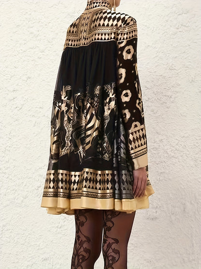[Casual Stylish Retro] Women's Bronze Ethnic Print Stand Collar Long-Sleeved Short Dress, Casual And Stylish For Office Or Commuting, Retro Party A-Line Skirt
