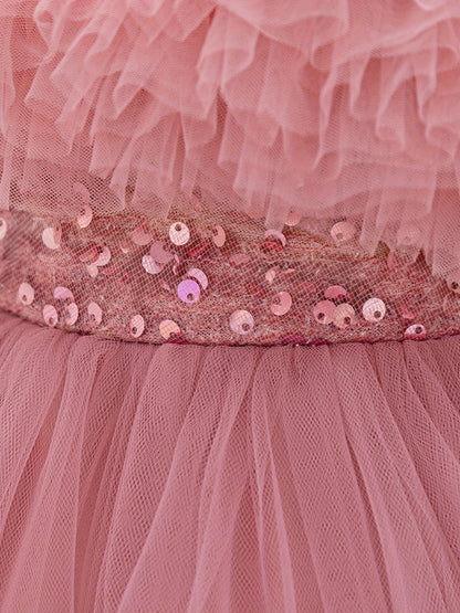 Kids Toddler Baby Girls Tulle Ball Gown Shiny Sequins Round Neck High Low Party Dresses for Birthday Wedding Dress