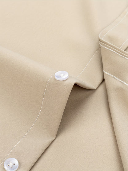 2pcs Men's Long Sleeve Dress Shirts - Elegant White, Stretchy Fabric, Business Casual, Unwrinkled, Single-Breasted with Lapel Collar, All-Season Wear, Casual Attire|Elegant Lapel Shirt|Stretchy Fabric