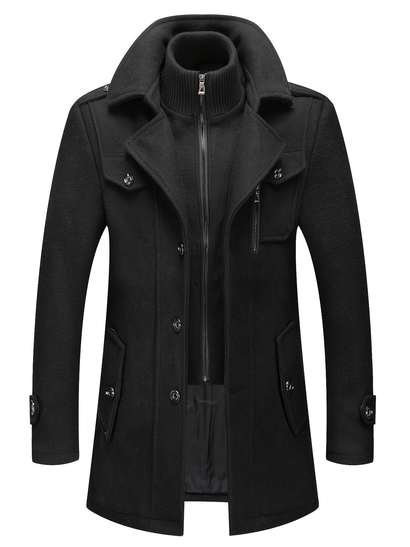 Men's Stand Collar Fleece Blend Pea Coats with Removable Inner Collar Single Breasted Overcoat