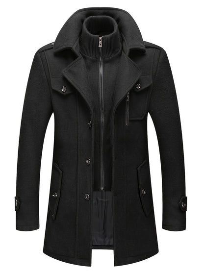 Men's Stand Collar Fleece Blend Pea Coats with Removable Inner Collar Single Breasted Overcoat