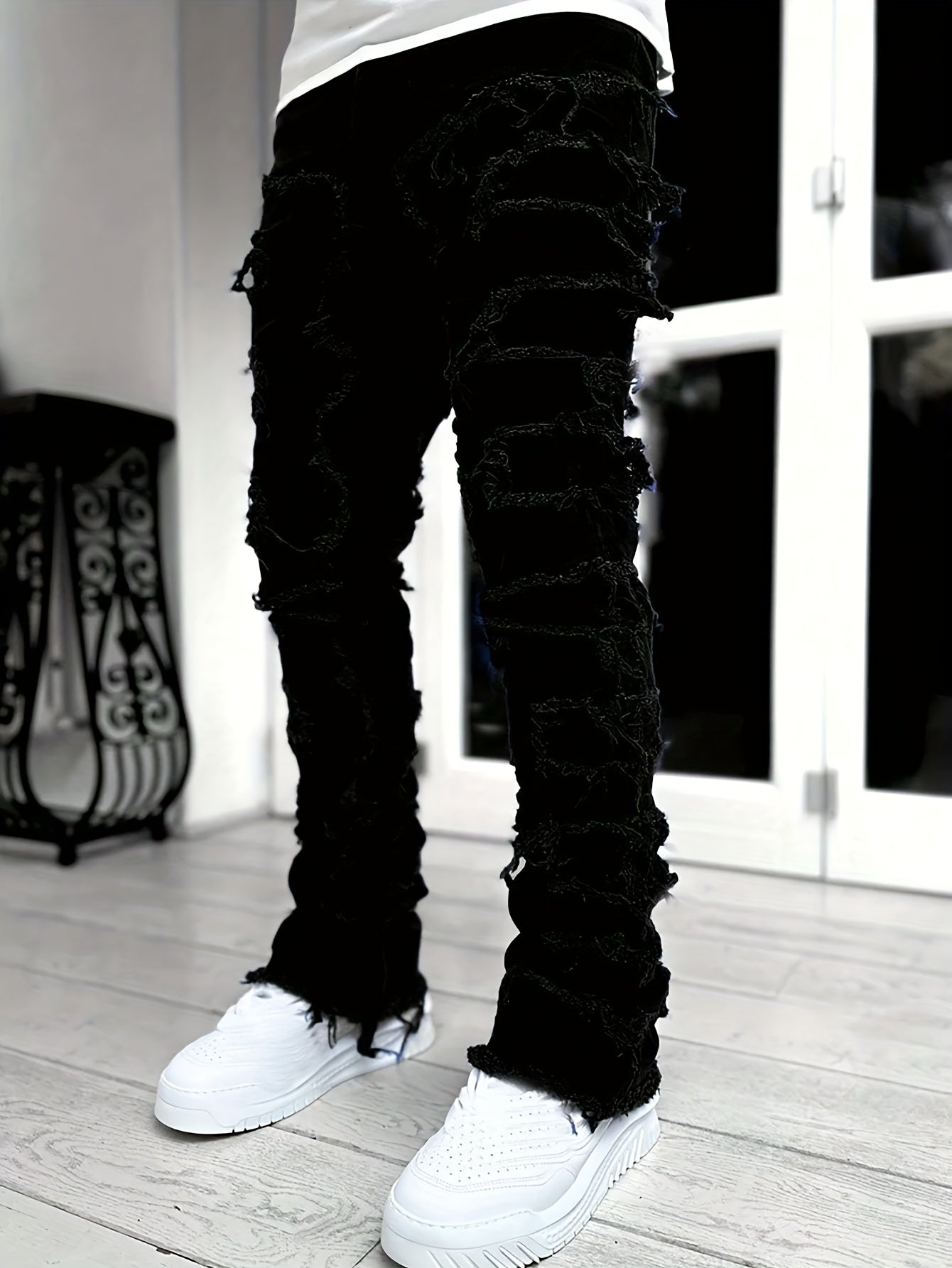 Men's Ripped Jeans Retro Street Style Spliced Slim Jeans Versatile Men Straight Denim Pants
