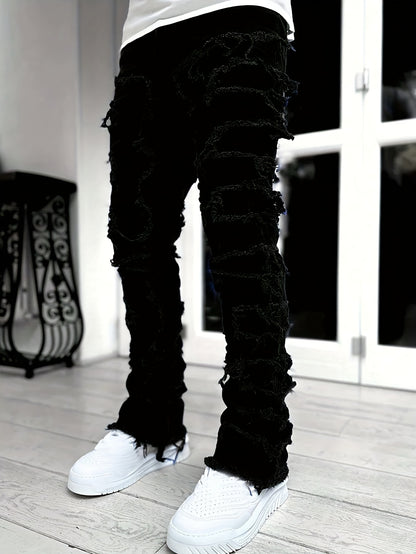 Men's Ripped Jeans Retro Street Style Spliced Slim Jeans Versatile Men Straight Denim Pants