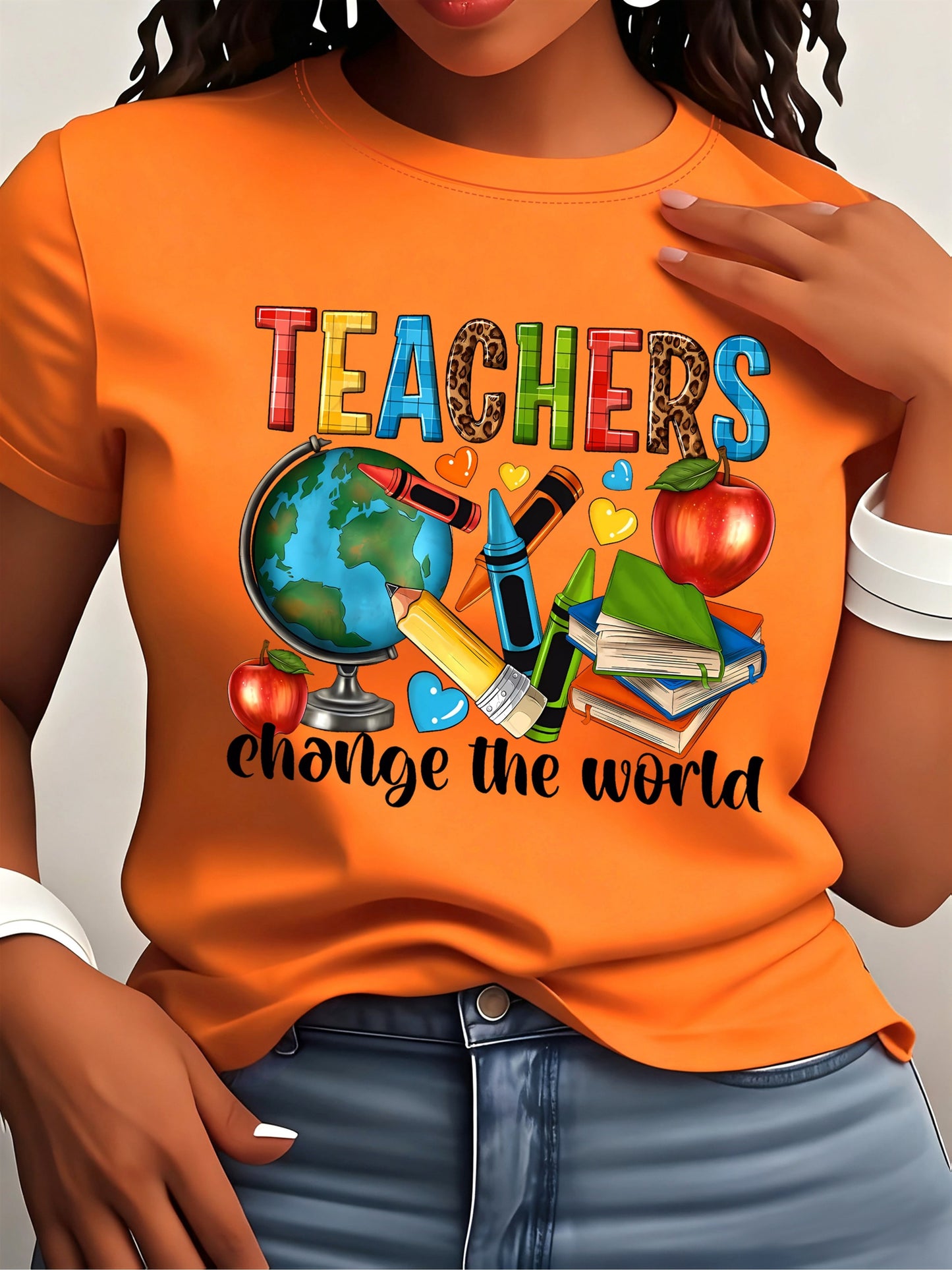Round Neck Short Sleeve T-Shirt with a Teacher Pattern Print