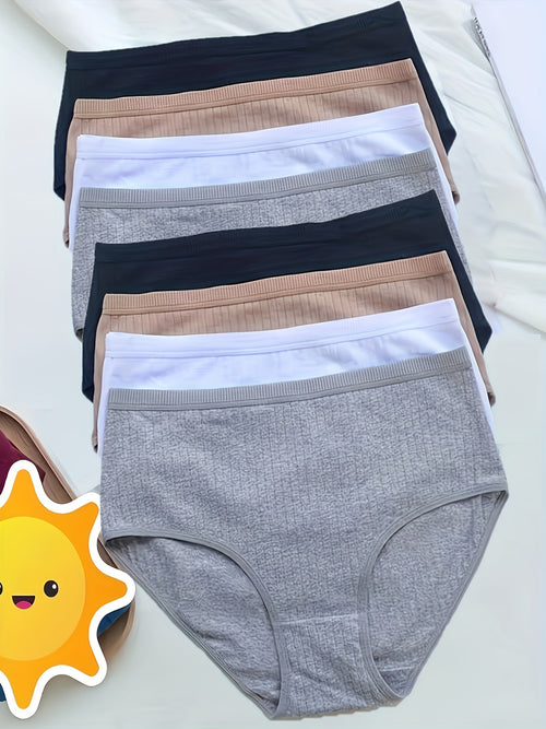[8pcs High Rise Briefs] 8pcs Solid Simple High Rise Briefs, Comfy Breathable Stretchy Intimates Panties, Women'S Lingerie & Underwear