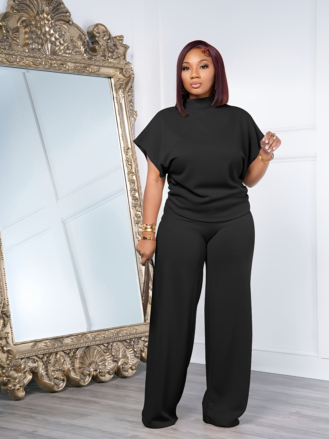 Women's Spring And Summer Two-piece Casual Set Short Sleeved Semi High Neck Loose Top Wide Leg Pants Set, Casual Sports Set