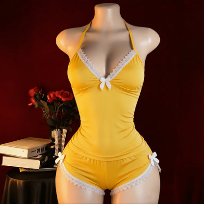 New Arrival Lingerie Seductive Halter Ruffle Sexy 2pcs Pajama Set, Women's Cami & Shorts Loungewear