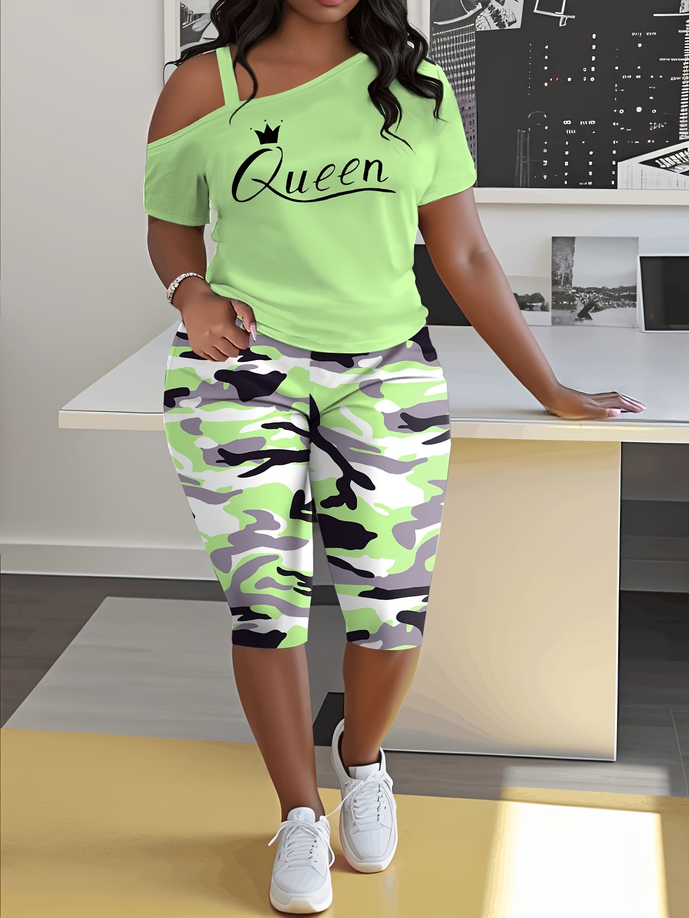Plus Size - Ladies Plus Size Daily Casual One-Shoulder Short Sleeve Two-Piece Outfit, Diagonal Shoulder Design, Slim Fit Camouflage Pants Suit With Letter Print.