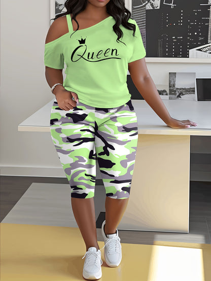 Plus Size - Ladies Plus Size Daily Casual One-Shoulder Short Sleeve Two-Piece Outfit, Diagonal Shoulder Design, Slim Fit Camouflage Pants Suit With Letter Print.