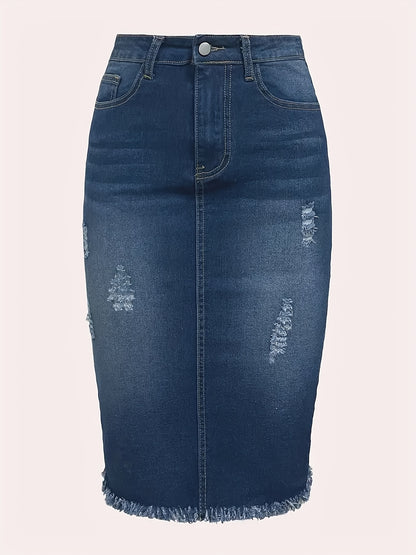 Vintage High-Waisted Denim Midi Skirt with a Raw Hem - Stretchy, Machine Washable, And Perfect for Casual Wear in Spring, Summer, And Fall. Features a Distressed Look And Non-Transparent Fabric.