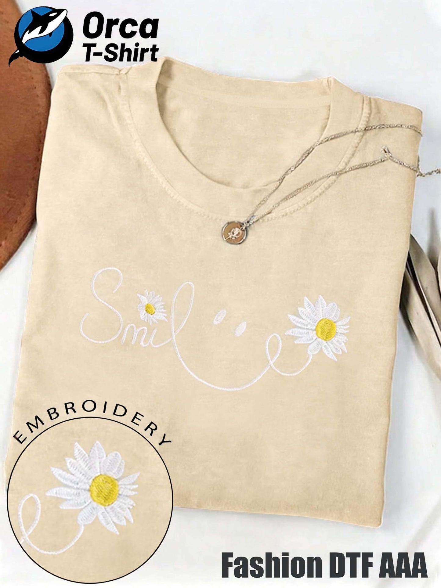 Local Delivery - Autumn Comfort Unisex T-Shirt, Smile Daisy Embroidery Print Short Sleeve T-Shirt, Thanksgiving and Christmas Gift, Holiday Celebration Apparel, Machine Washable, Women's Short Sleeve, Men's Short Sleeve, Fun and Comfortable Style