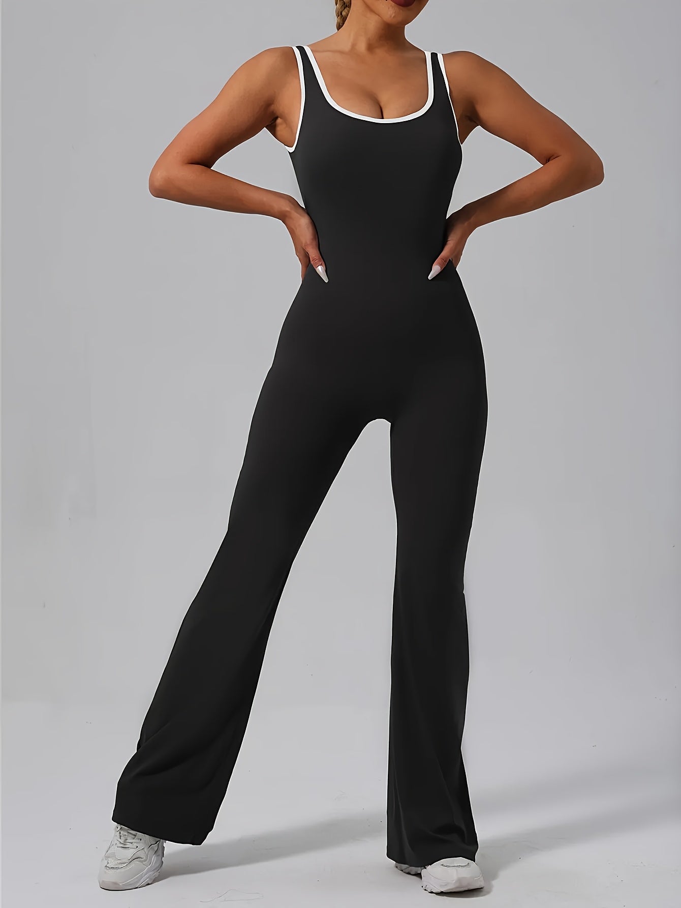 2pcs-Women'S Flare Jumpsuits Seamless Scrunch Workout Romper Square Neck Backless Wide Leg Unitard