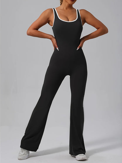 2pcs-Women'S Flare Jumpsuits Seamless Scrunch Workout Romper Square Neck Backless Wide Leg Unitard