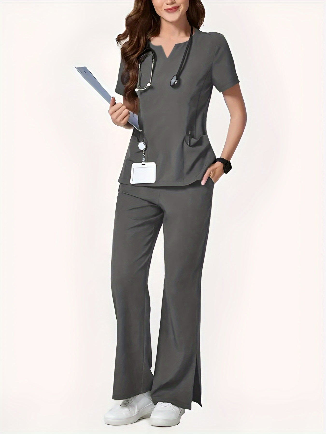 Two-Piece Easy And Comfortable Breathable Brushing Gloves Set for Work Uniforms, V-Neck Short-Sleeved Front-Pocket Comfortable Top And Slit Straight-Leg Trousers, All-Season Wear, Perfect for Healthcare, Dental, And Pet Hospital Professionals