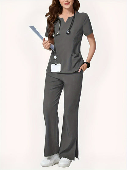 Two-Piece Easy And Comfortable Breathable Brushing Gloves Set for Work Uniforms, V-Neck Short-Sleeved Front-Pocket Comfortable Top And Slit Straight-Leg Trousers, All-Season Wear, Perfect for Healthcare, Dental, And Pet Hospital Professionals