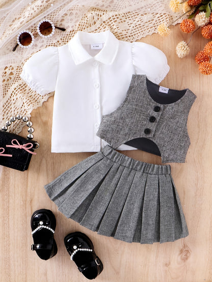 3pcs Girls' Preppy Uniform Set - 100% Polyester Baby Outfit with White Puff Sleeve Blouse, Grey Vest & Pleated Skirt, Short Sleeve Dress Suit for, Weddings, Photoshoots (Hand Washable), Perfect for Outdoor