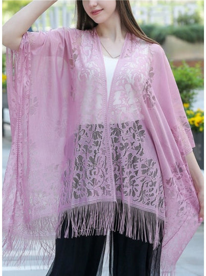 Woman's Plus Size Boho Cover Up, Lace Kimono, Women's Plus Floral Lace Batwing Sleeve Cover-Up, Open Front Tassel Trim Kimono, Lightweight Beach Cover Up