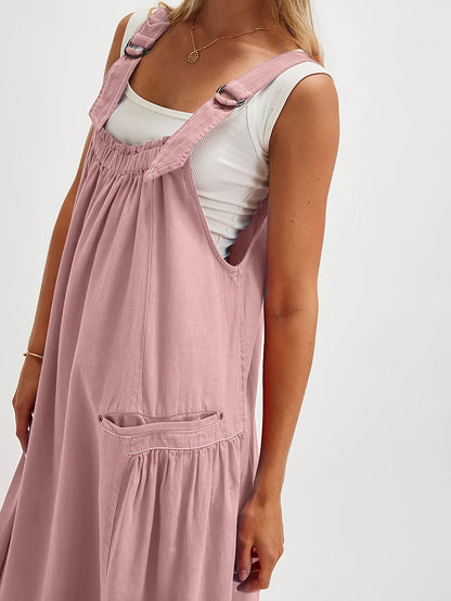 [Loose Midi Dress] Women's Loose Adjustable Strap Midi Overall Dress with Big Pockets in Workwear Style