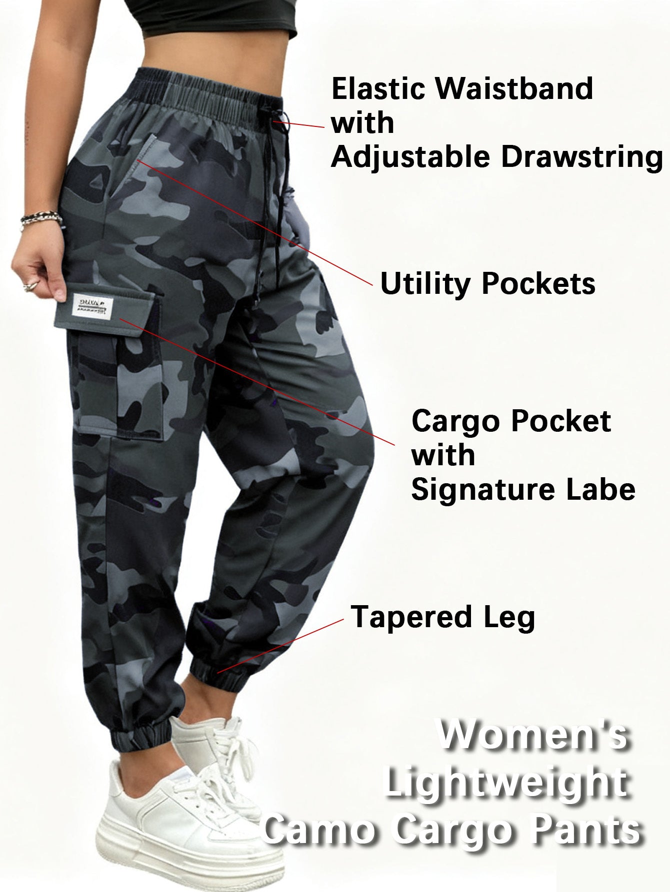 Women'S Lightweight Quick-Dry Camo Cargo Pants - Tapered Leg Elastic Drawstring Waistband Breathable Tactical Pants