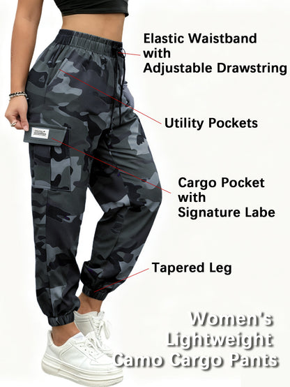 Women'S Lightweight Quick-Dry Camo Cargo Pants - Tapered Leg Elastic Drawstring Waistband Breathable Tactical Pants