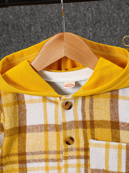 2pcs, Autumn And Winter New Boys' Long-Sleeve Plaid Cardigan Suit Boys' Puff Hooded Jacket Boys' Fashion Work Pants, for Outdoor