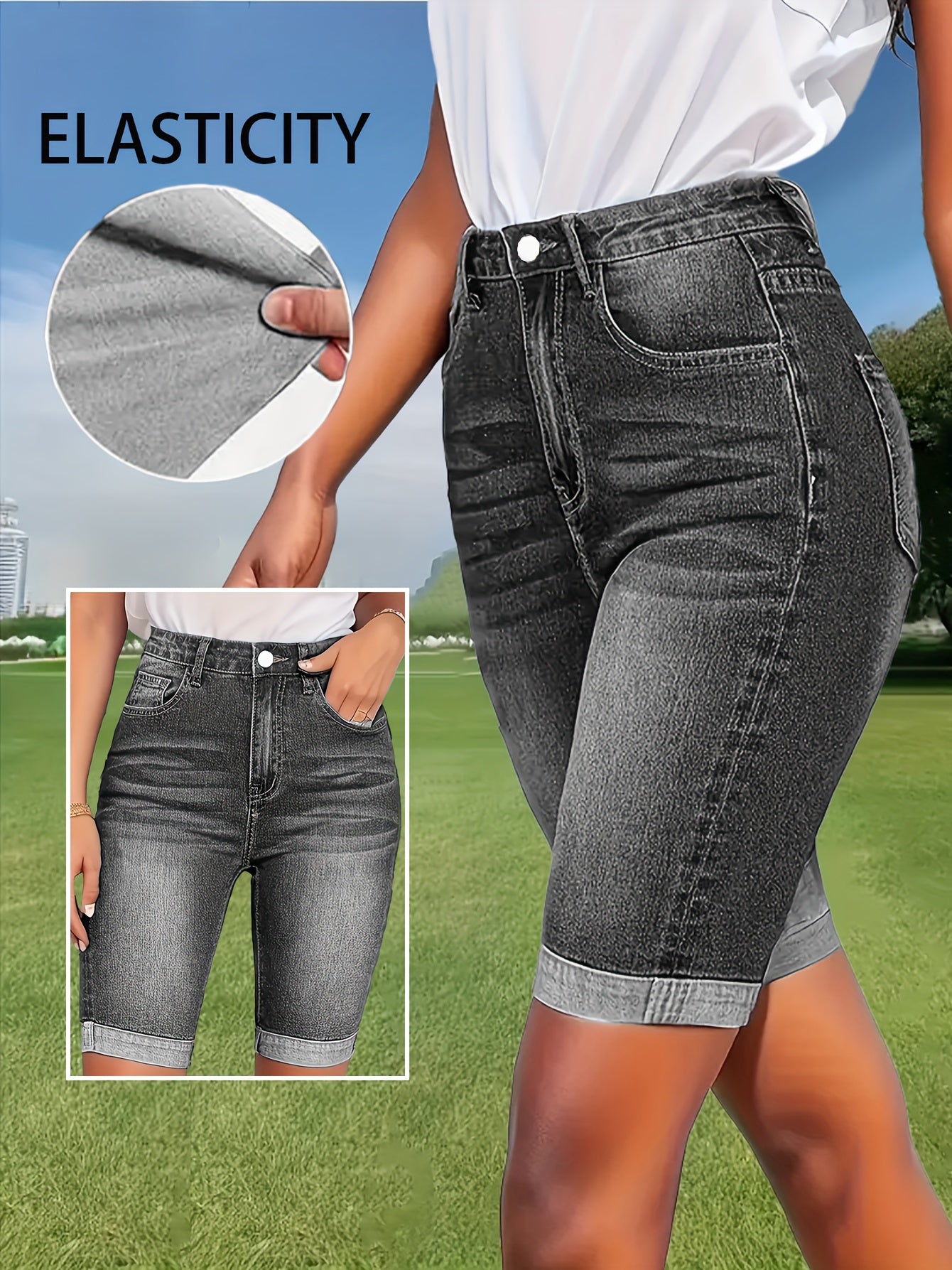 Women's Stretch Denim Shorts - High-Waisted Elastic Waist with Built-In Zipper, Dark Blue Casual Shorts for Spring/Summer, Machine Washable & Pockets, High Waisted Shorts