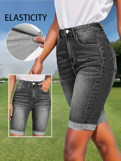 Women's Stretch Denim Shorts - High-Waisted Elastic Waist with Built-In Zipper, Dark Blue Casual Shorts for Spring/Summer, Machine Washable & Pockets, High Waisted Shorts
