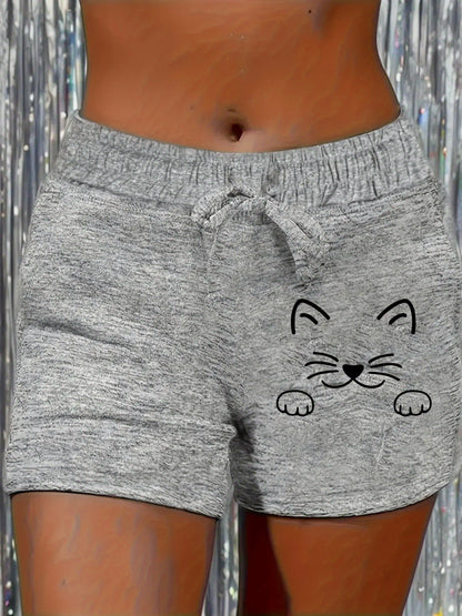 Casual Women'S Shorts Featuring a Printed Cat Face Design with Cartoonish Facial Features And a Drawstring for Comfort