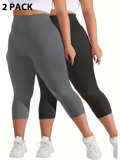 Plus Size - 2pcs Set - Plus Size High-Waisted Pocket Capri Pants - Soft Suitable for And Workouts - Elegant Style - New Spring And Summer Collection - Targeted Design