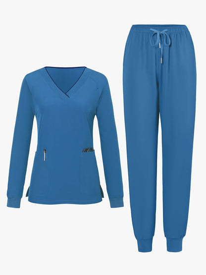 2pcs Women's V-Neck Matte Suit with Long Sleeve Stretch S Uniform Work Clothes Washable Pockets Breathable Elastic Top And Waist Cord Pocket Pants Set