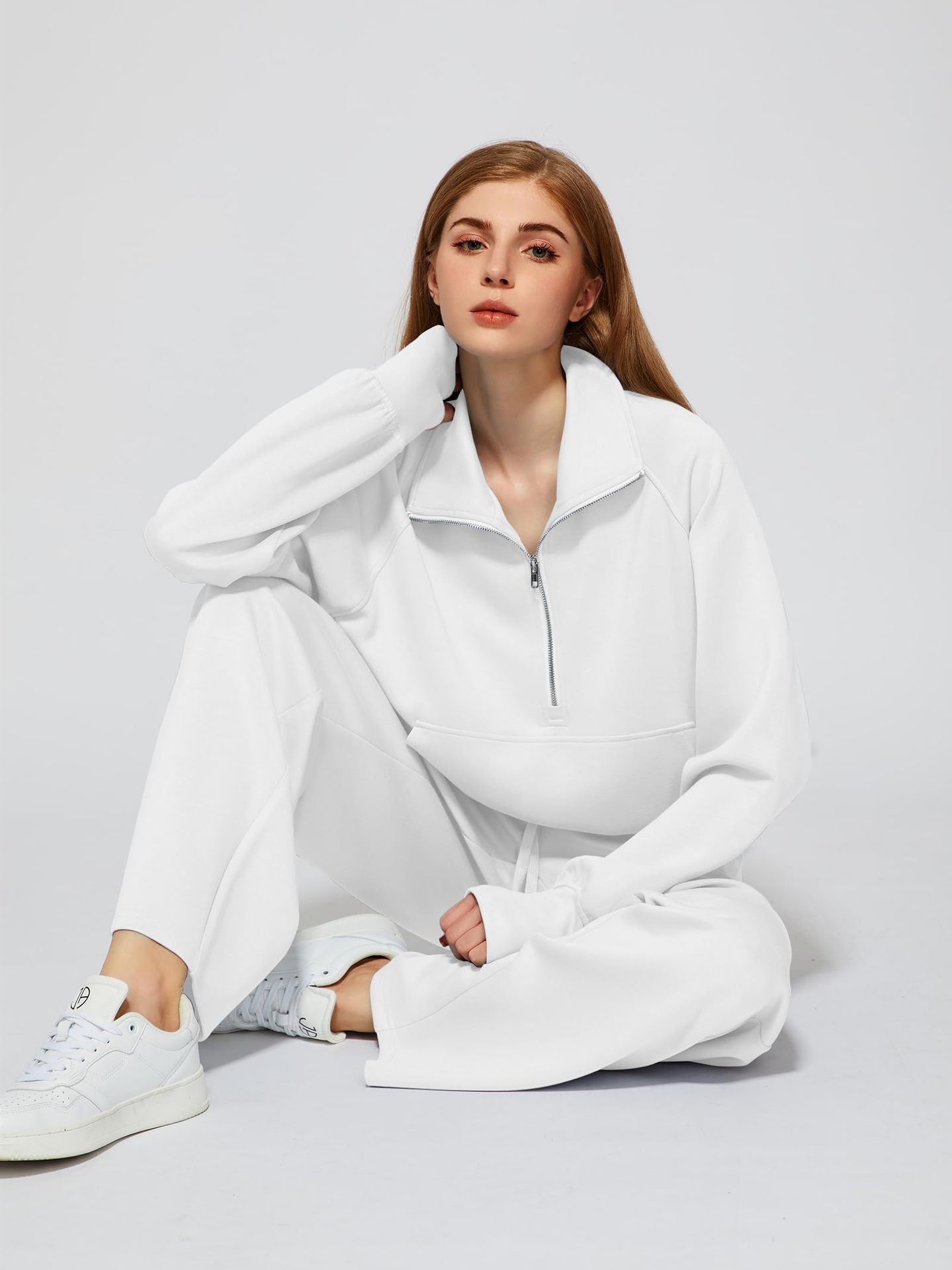 2Pcss Outfits for Women, Oversized Half-Zip Sweatshirt And Wide Leg Sweatpants Set, 2026 Spring Casual Lounge Tracksuit Women'S Trendy 2Pcss Matching Set, Oversized Quarter-Zip Pullover And Loose Wide Leg Trousers, Chic Spring Sporty Outfits