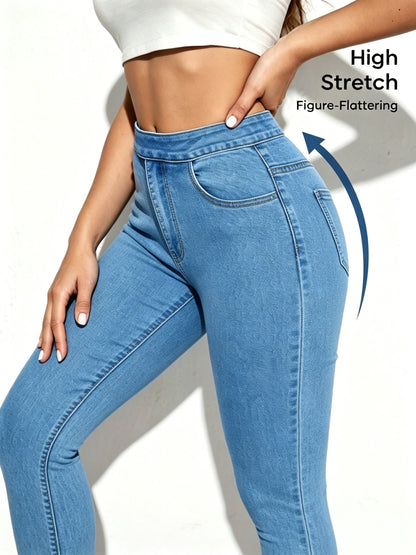 [High Waist Skinny Jeans] Women's High Waist Stretch Skinny Jeans with Tummy Control & Hip Lift - Elastic Waistband Washed Denim Pants Suitable for Work, Daily Wear, Tummy Control Suitable for Workouts, Casual Outfits, Pocketed Trousers