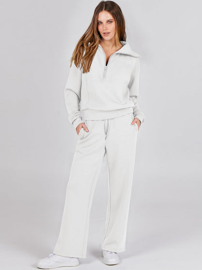 Spring/Autumn Casual Swear Set for Women, Zipper Long-Sleeve Sweatshirt and Wide-Leg Pants 2pcs Set