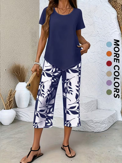 Spring and Summer Women's Casual 2pcs Set, Light Blue Short-sleeved Crew Neck Top, Blue and White Leaf Printing Seven-point Wide Legs, Loose and Comfortable, Daily Street Commuting Versatile Casual Suit, Casual Loungewear Suit