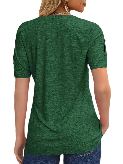 Casual Short-Sleeve T-Shirt for Women, Featuring a Pleated Design And V-Neck in Solid Colors, Perfect for Summer
