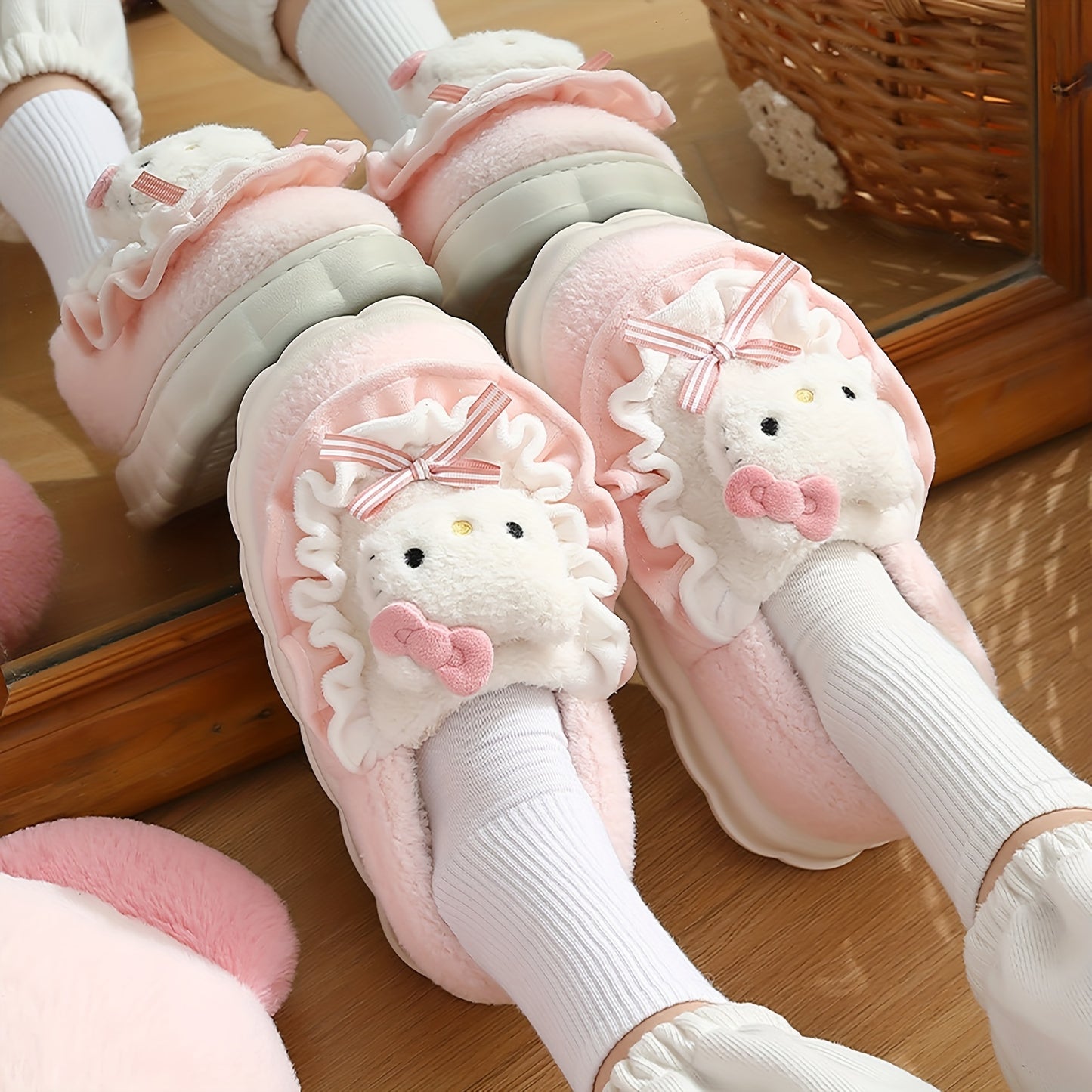[Valentine's Day Gifts] Kawaii Hello Kitty Plush Slippers - Cute Y2K Cartoon Clothing Shoes with Non-Slip PVC Sole, Soft Padded & Hello Kitty Face/Hands for - Indoor/Bedroom Wear (Size Up for), Valentine's Day Gifts, Women Shoes