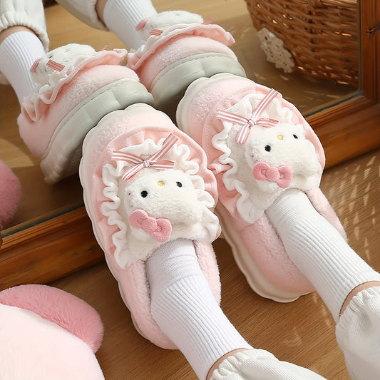 [Valentine's Day Gifts] Kawaii Hello Kitty Plush Slippers - Cute Y2K Cartoon Clothing Shoes with Non-Slip PVC Sole, Soft Padded & Hello Kitty Face/Hands for - Indoor/Bedroom Wear (Size Up for), Valentine's Day Gifts, Women Shoes