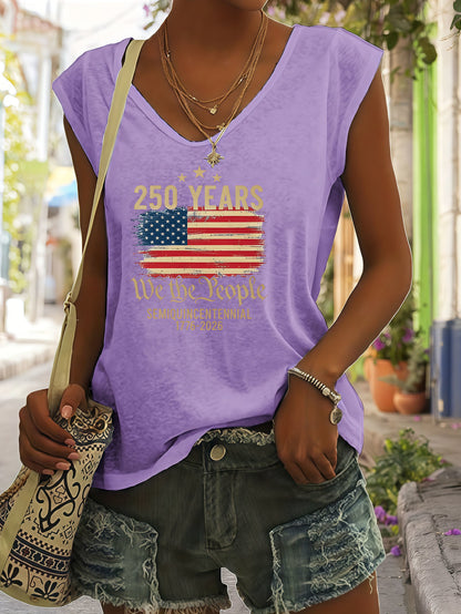 Casual American Flag Print VNeck Sleeveless Top, Soft Drape Loose Breathable Fabric Comfortable, Simple Chic Versatile Daily, Home Commute Outing Can Wear, Elegant Lazy Temperament