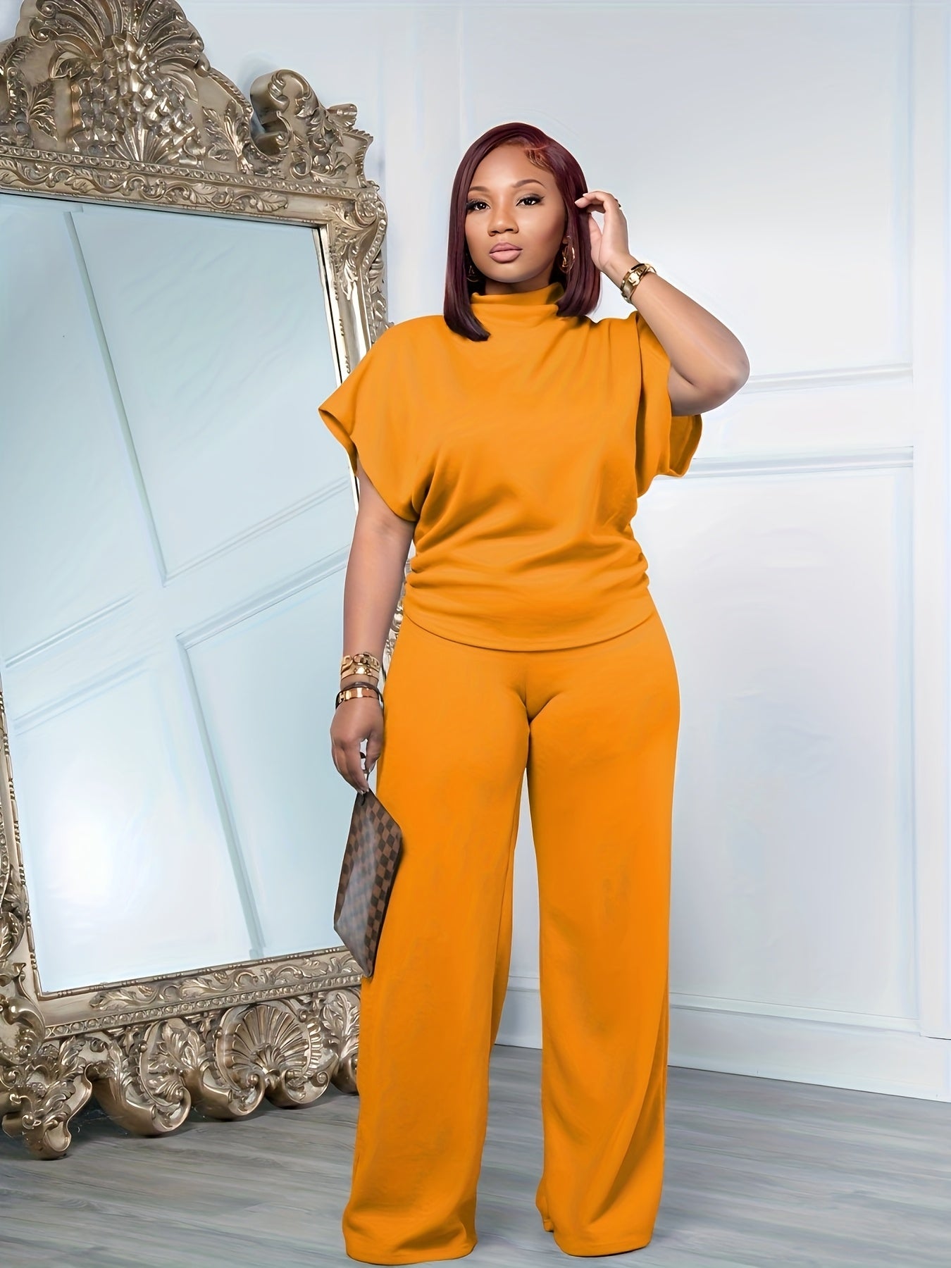 Women's Spring And Summer Two-piece Casual Set Short Sleeved Semi High Neck Loose Top Wide Leg Pants Set, Casual Sports Set