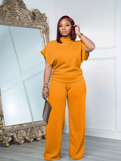 Women's Spring And Summer Two-piece Casual Set Short Sleeved Semi High Neck Loose Top Wide Leg Pants Set, Casual Sports Set