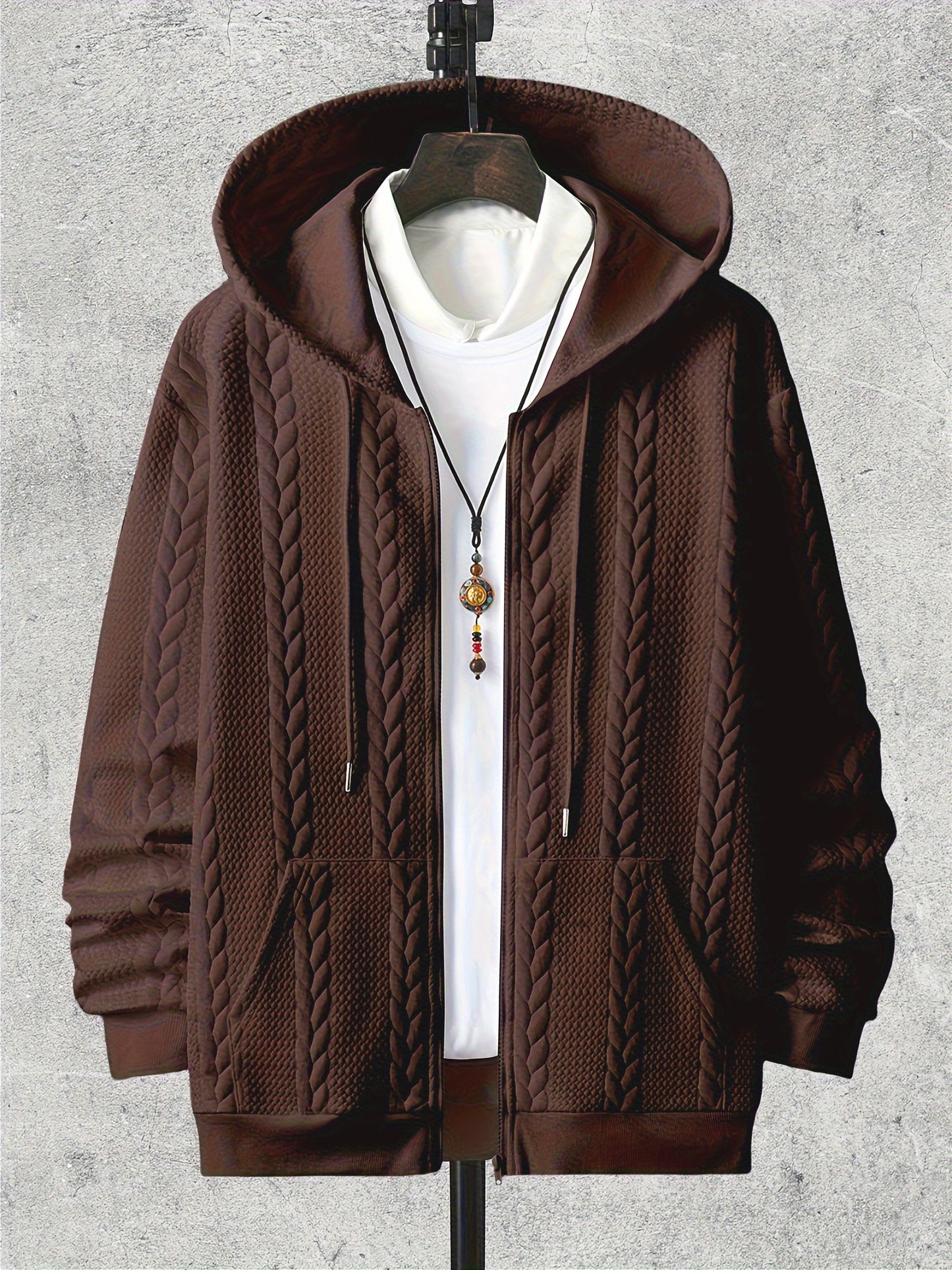[Brown Hooded Jacket] Stylish Brown Men'S Hooded Jacket| Long Sleeve, Casual Knit Zip-Up with Pockets, All-Season Wear
