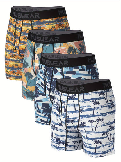 Stylish High Quality Series - 4pcs Men's Coconut Tree Print Stretchy Long Boxer Briefs - Comfy & Quick- Drying & Breathable Underwear Set