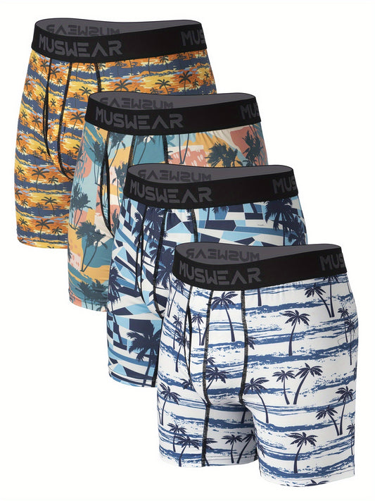 Stylish High Quality Series - 4pcs Men's Coconut Tree Print Stretchy Long Boxer Briefs - Comfy & Quick- Drying & Breathable Underwear Set