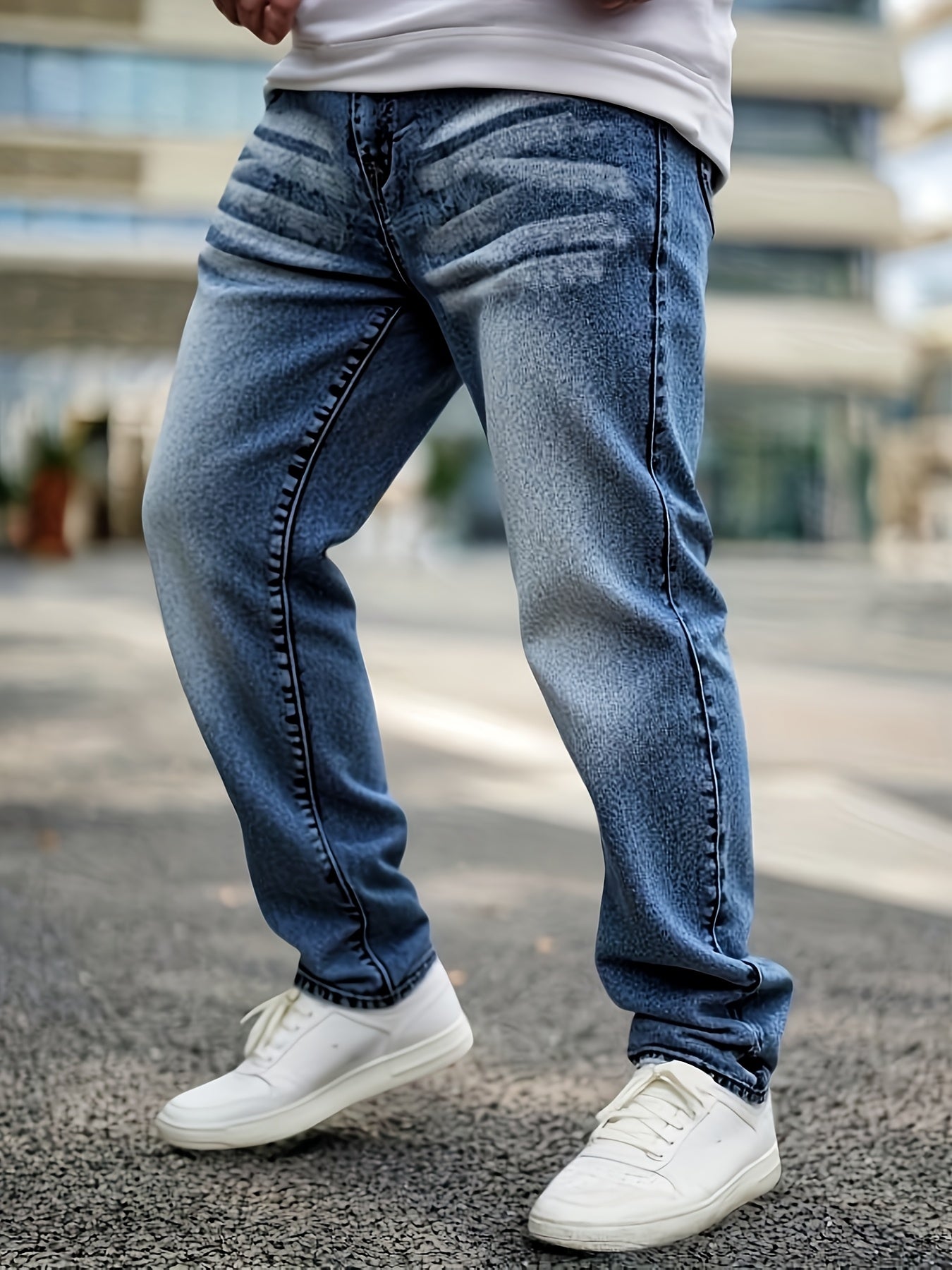 [HME] Men's Stretch Slim-fit Denim Trousers, Retro Washed Blue with Natural Whitening, Classic Five-pocket Style, Mid-waist Design with A Small Straight Leg, Simple And Versatile, Suitable for All Occasions, Essential Jeans for Daily Casual Wear