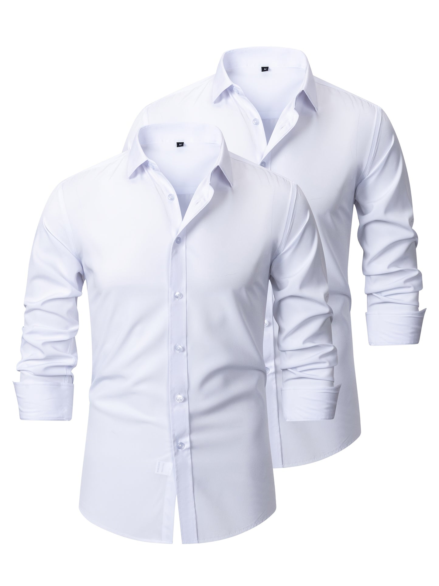 2pcs Men's Long Sleeve Dress Shirts - Elegant White, Stretchy Fabric, Business Casual, Unwrinkled, Single-Breasted with Lapel Collar, All-Season Wear, Casual Attire|Elegant Lapel Shirt|Stretchy Fabric