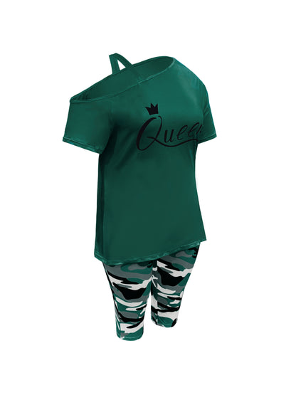Plus Size - Ladies Plus Size Daily Casual One-Shoulder Short Sleeve Two-Piece Outfit, Diagonal Shoulder Design, Slim Fit Camouflage Pants Suit With Letter Print.